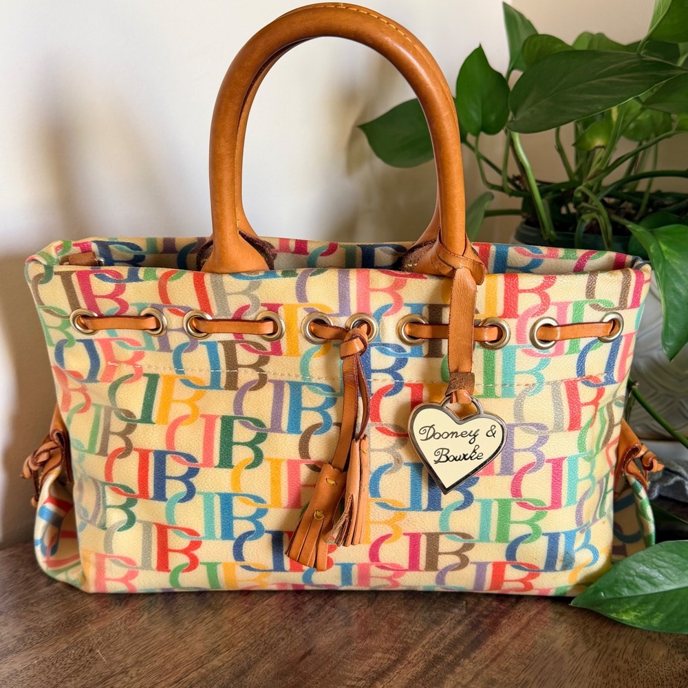 Dooney & Bourke Multicolor Mongram Tote Bag Leather Trim Tassel Charm Y2K Preppy - Picture 2 of 15